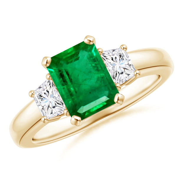 3 CT. Emerald Cut Emerald and White Sapphire Three Stone Ring