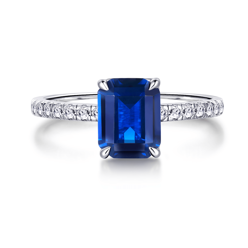 2 CT. Emerald Cut Blue Sapphire and White Sapphire Ring White Gold 1 Carat