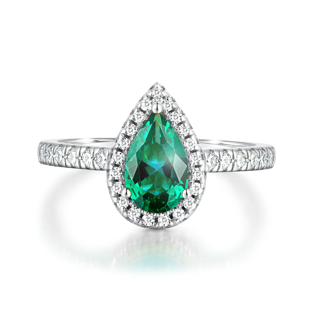1.5 CT. Pear-Shaped Emerald Ring with White Sapphire Halo Accents
