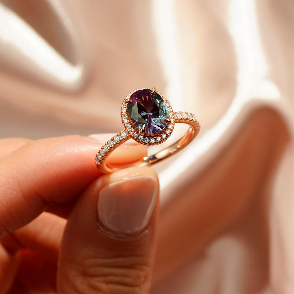 1.5 CT. Oval Alexandrite Engagement Ring With Moissanite Pavé Halo