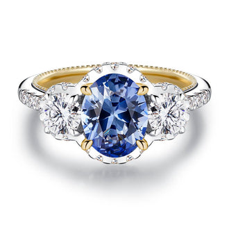 2 CT. Vintage Inspired Two-Tone Oval Cut Sapphire Three Stone Engagement Ring - MSBLUE Jewelry