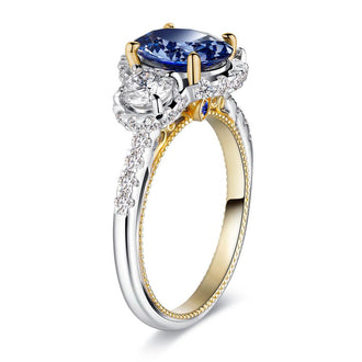 2 CT. Vintage Inspired Two-Tone Oval Cut Sapphire Three Stone Engagement Ring - MSBLUE Jewelry