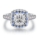 Double Sapphire Halo Cushion Cut Moissanite Engagement Ring With Split Band