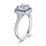 Double Sapphire Halo Cushion Cut Moissanite Engagement Ring With Split Band
