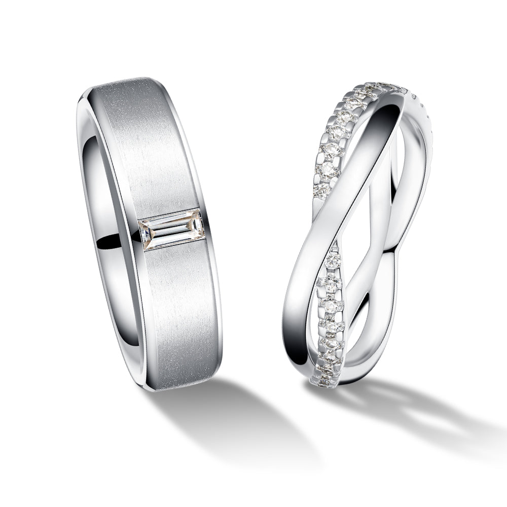 Satin Finish Emerald Cut and Infinity Moissanite Eternity Couple's Ring Set